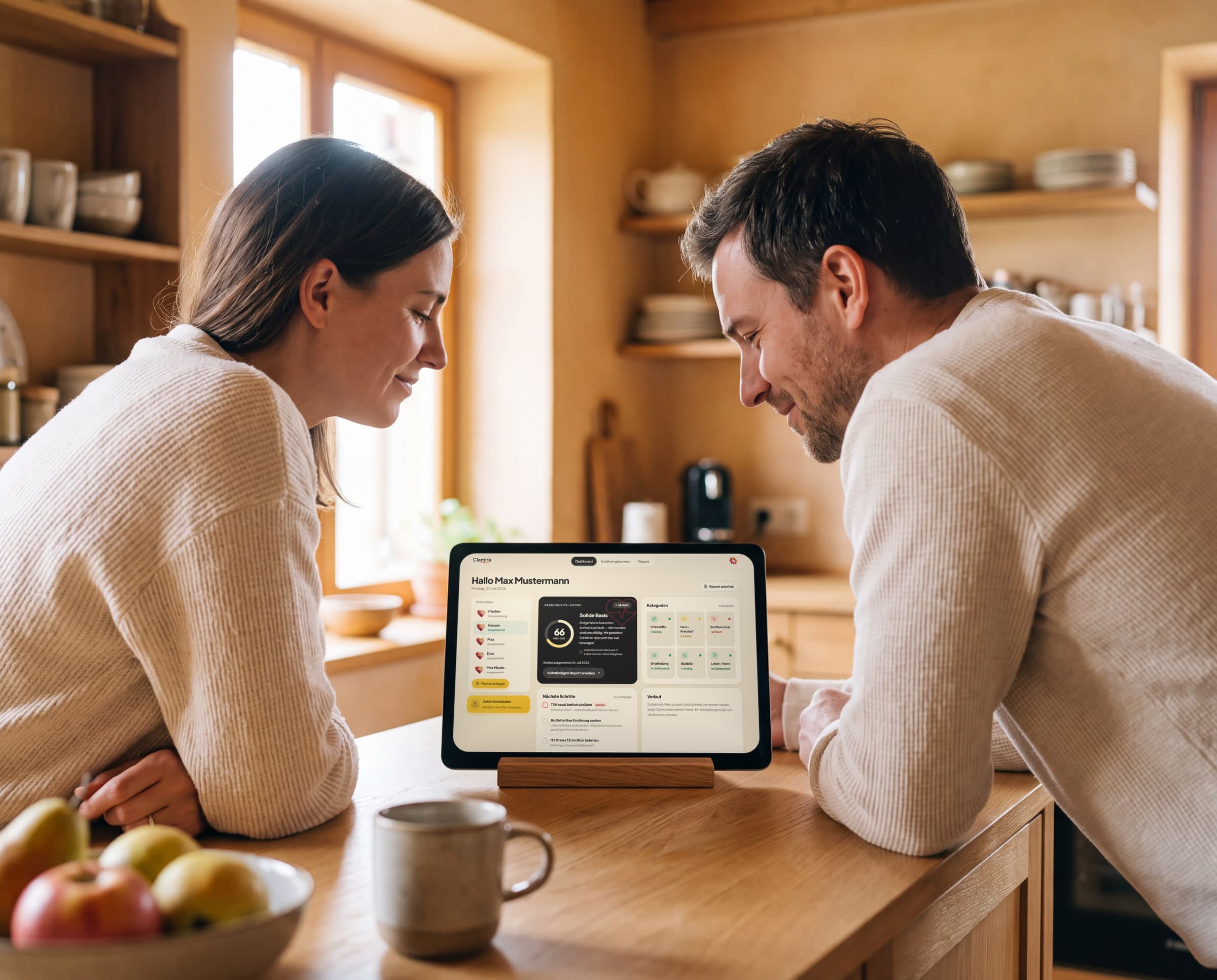 Paar am hellen Küchentresen schaut gemeinsam auf ein Tablet im Holzständer; darauf das Clamira-Dashboard mit Begrüßung, Gesundheits-Score und Kategorien-Übersicht
