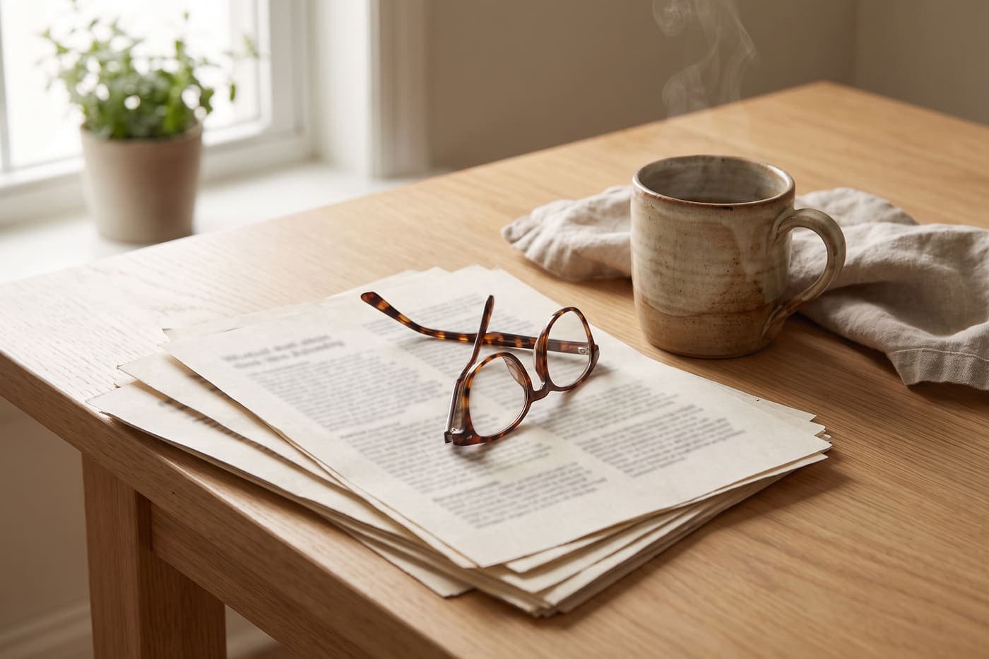 Heller Holztisch am Fenster: ein Stapel bedruckter Blätter, darauf eine Lesebrille, daneben eine Tasse Kaffee und eine kleine Grünpflanze
